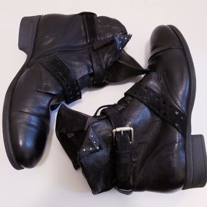 Miz Mooz Women Storm Ankle Boots Black Leather Moto Suede Trim